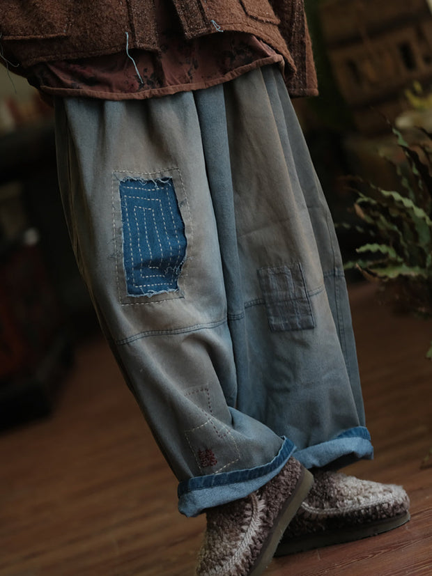 Women Spring Retro Patch Spliced Straight Denim Pants