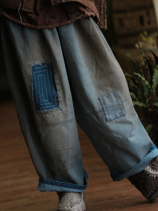 Women Spring Retro Patch Spliced Straight Denim Pants