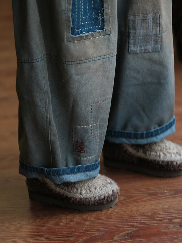 Women Spring Retro Patch Spliced Straight Denim Pants