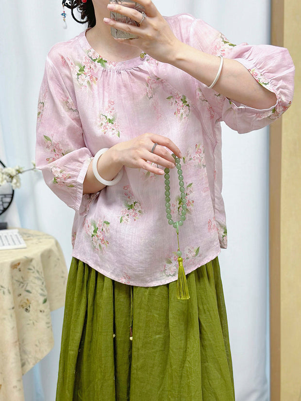 Women Summer Ethnic Flower O-Neck 100%Ramie Shirt