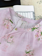 Women Summer Ethnic Flower O-Neck 100%Ramie Shirt