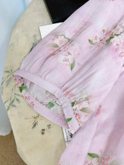 Women Summer Ethnic Flower O-Neck 100%Ramie Shirt
