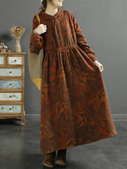 Plus Size Women Autumn Vintage Leaf Print Cotton Dress