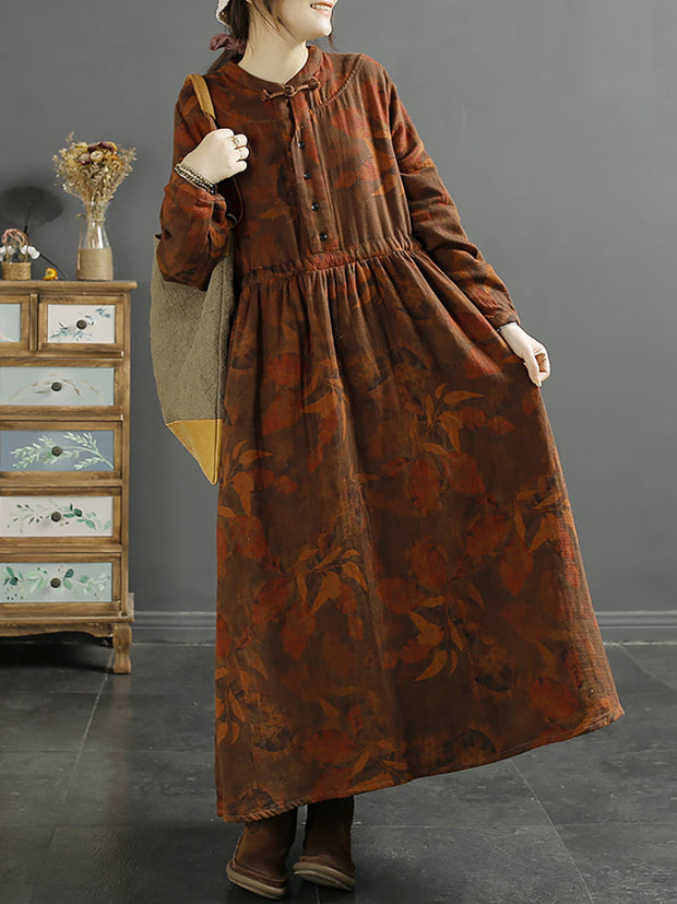 Plus Size Women Autumn Vintage Leaf Print Cotton Dress