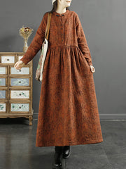 Plus Size Women Autumn Vintage Leaf Print Cotton Dress