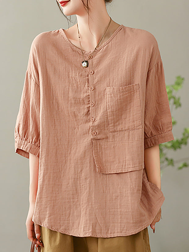 Women Summer Solid Vintage Pocket Spliced Loose Shirt