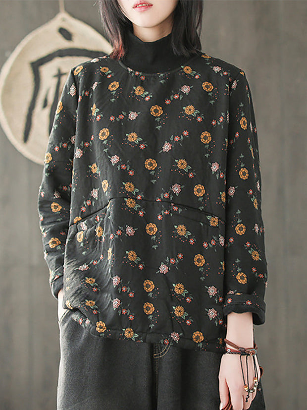 Plus-Size-Hemd aus gespleißter Baumwolle mit halbhohem Kragen und Vintage-Blumenmuster