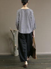 Plus Size Damen Sommer Vintage Plaid Loose Pullover Leinenhemd