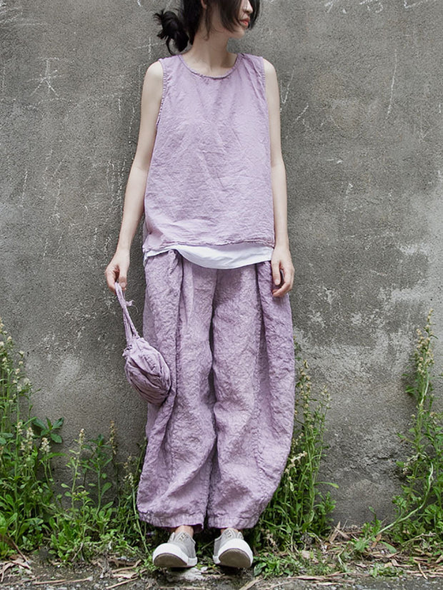 Women Vintage Summer Solid Thin Button Vest/Shirt/Pants