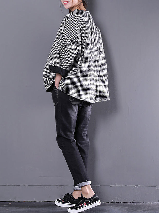 Plus Size - Plaid Loose Blouse Three Quarter Sleeve Top