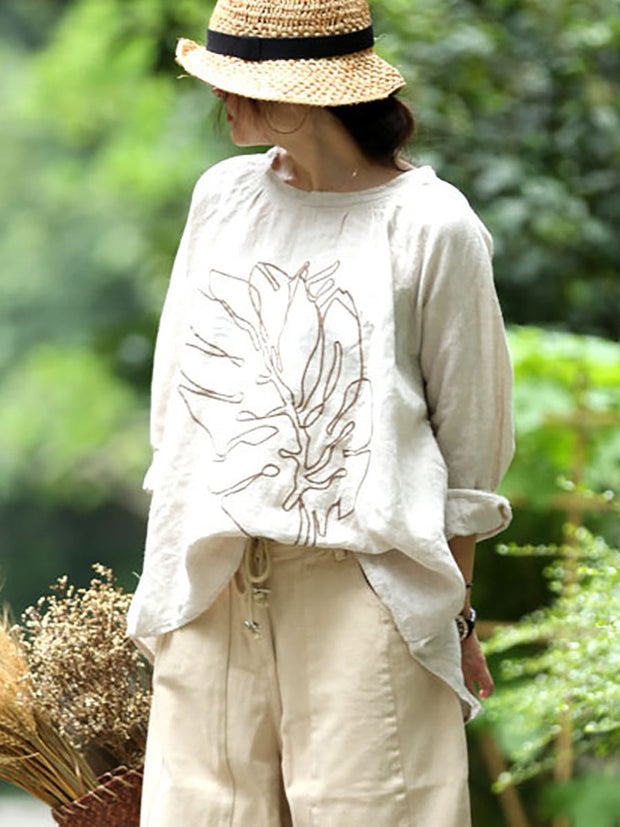 Plus Size - Embroidery Long Sleeves Autumn Loose Linen T-Shirt