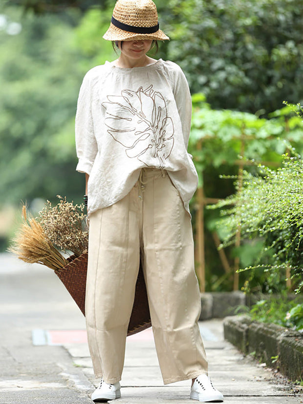Plus Size - Embroidery Long Sleeves Autumn Loose Linen T-Shirt