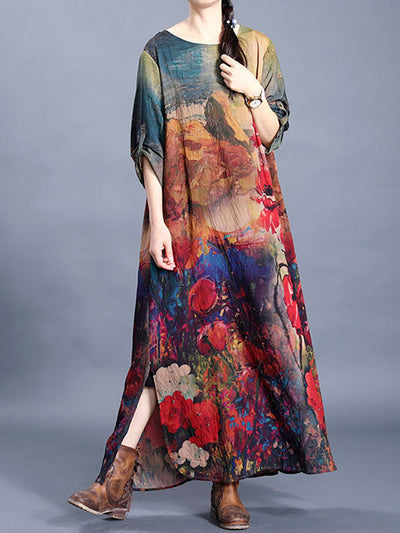 Blumenbedrucktes Retro-Seidenkleid mit geteiltem Saum
