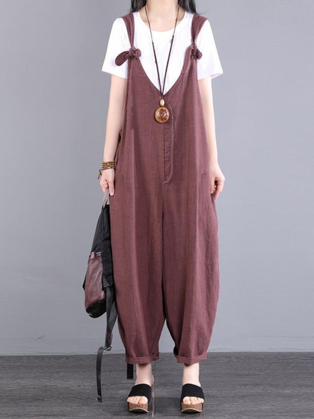 Plus Size Women Vintage Knot V-Neck Ramie Loose Jumpsuits