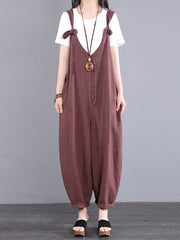 Plus Size Women Vintage Knot V-Neck Ramie Loose Jumpsuits