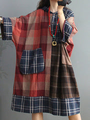 Plus Size Retro-Kleid mit Karomuster und großer Tasche und Kapuze