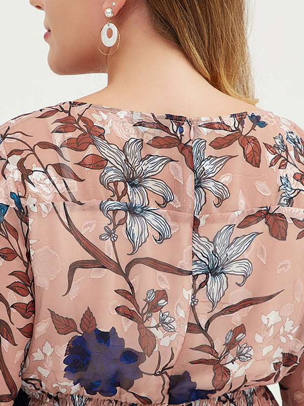 Plus Size Damen Blumen-Chiffon-Midikleid mit Gürtel