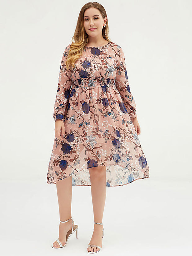 Plus Size Damen Blumen-Chiffon-Midikleid mit Gürtel