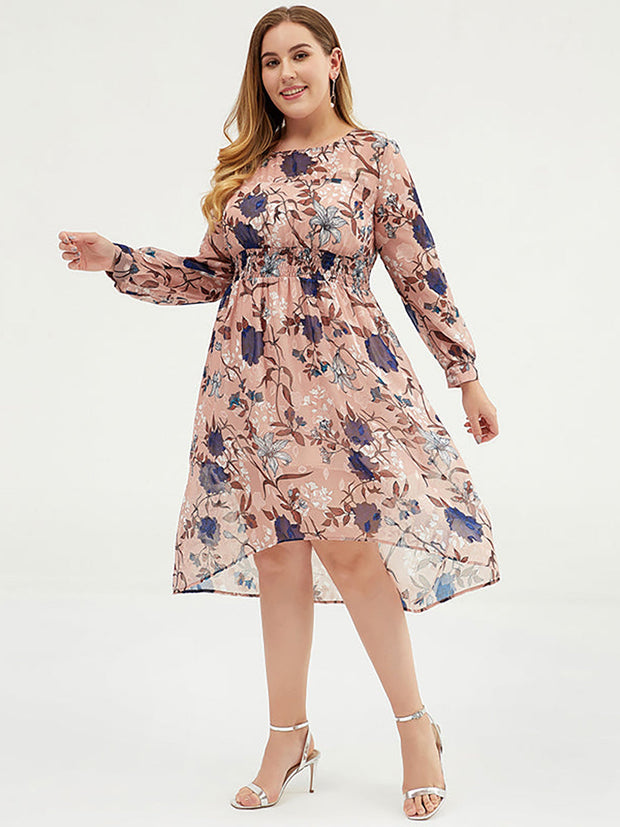Plus Size Damen Blumen-Chiffon-Midikleid mit Gürtel