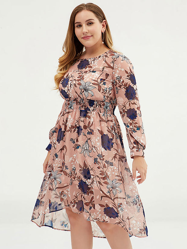 Plus Size Damen Blumen-Chiffon-Midikleid mit Gürtel