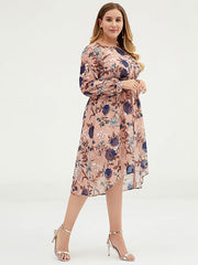 Plus Size Damen Blumen-Chiffon-Midikleid mit Gürtel