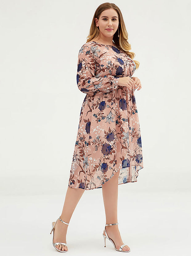 Plus Size Damen Blumen-Chiffon-Midikleid mit Gürtel