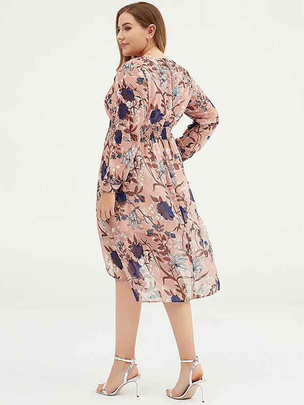 Plus Size Damen Blumen-Chiffon-Midikleid mit Gürtel