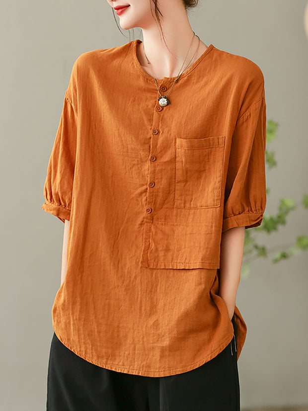 Women Summer Solid Vintage Pocket Spliced Loose Shirt