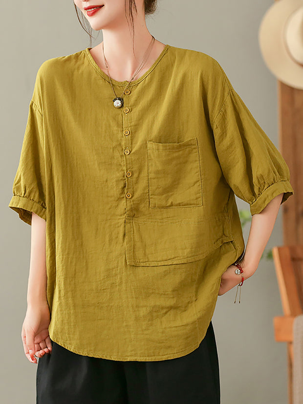 Women Summer Solid Vintage Pocket Spliced Loose Shirt