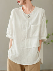 Women Summer Solid Vintage Pocket Spliced Loose Shirt