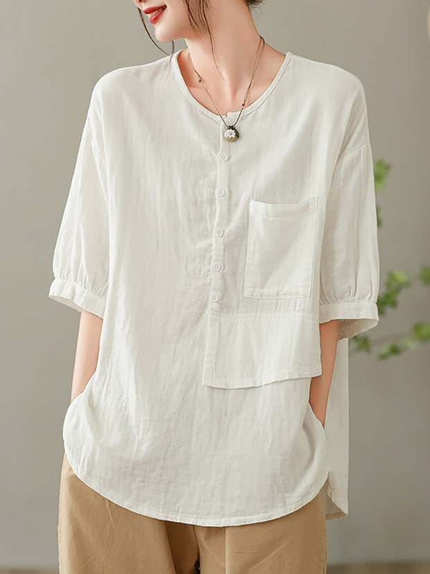 Women Summer Solid Vintage Pocket Spliced Loose Shirt
