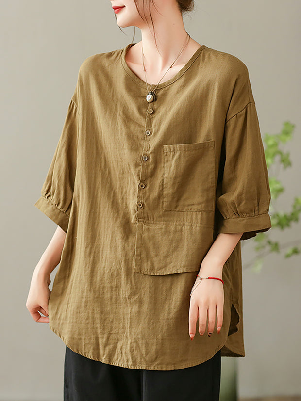 Women Summer Solid Vintage Pocket Spliced Loose Shirt