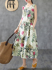 Plus Size - Summer Casual Floral Printed Cotton Sleeveless Pinafore Dress