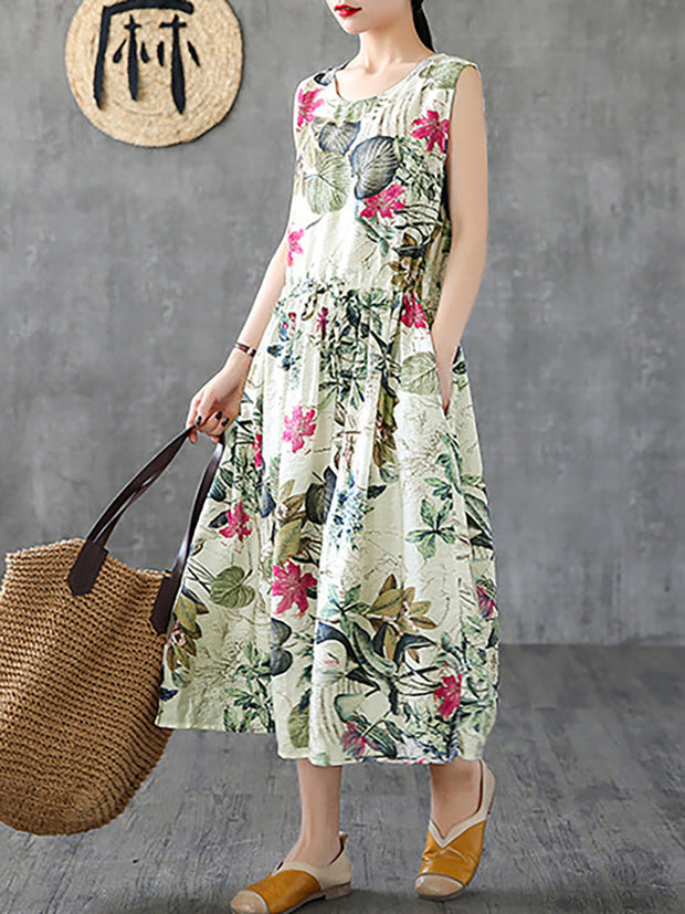 Plus Size - Summer Casual Floral Printed Cotton Sleeveless Pinafore Dress