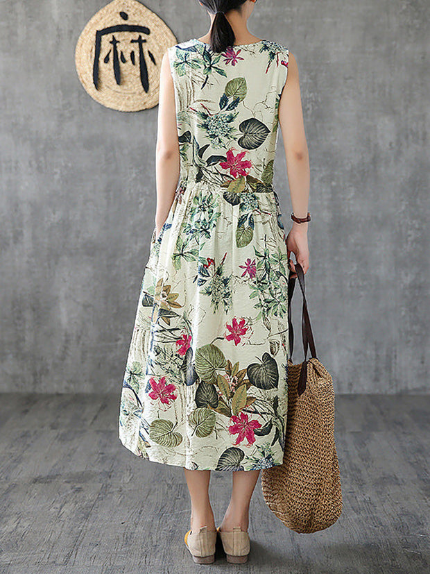 Plus Size - Summer Casual Floral Printed Cotton Sleeveless Pinafore Dress