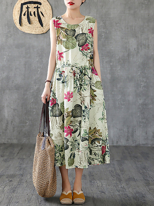 Plus Size - Summer Casual Floral Printed Cotton Sleeveless Pinafore Dress