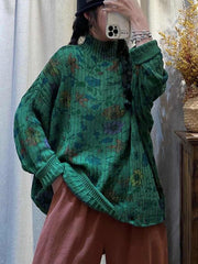 Women Winter Vintage Flower Turtleneck Sweater