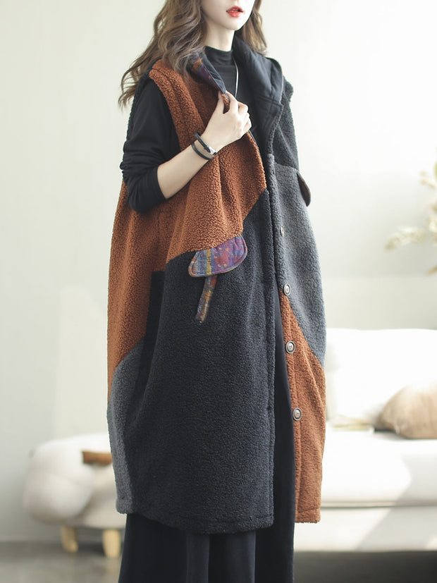 Women Autumn Casual Colorblock Hooded Vest Coat