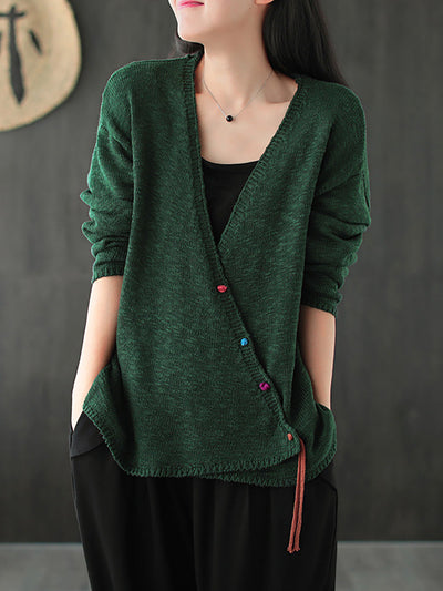 Women Knitted Retro Pure Color V-neck Sweater Coat