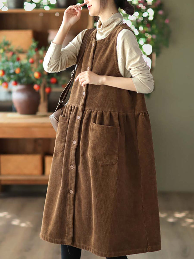 Women Vintage Corduroy Solid Button Vest Dress