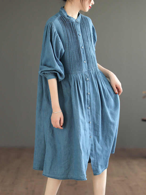 Women Vintage Solid Flod Loose Denim Dress