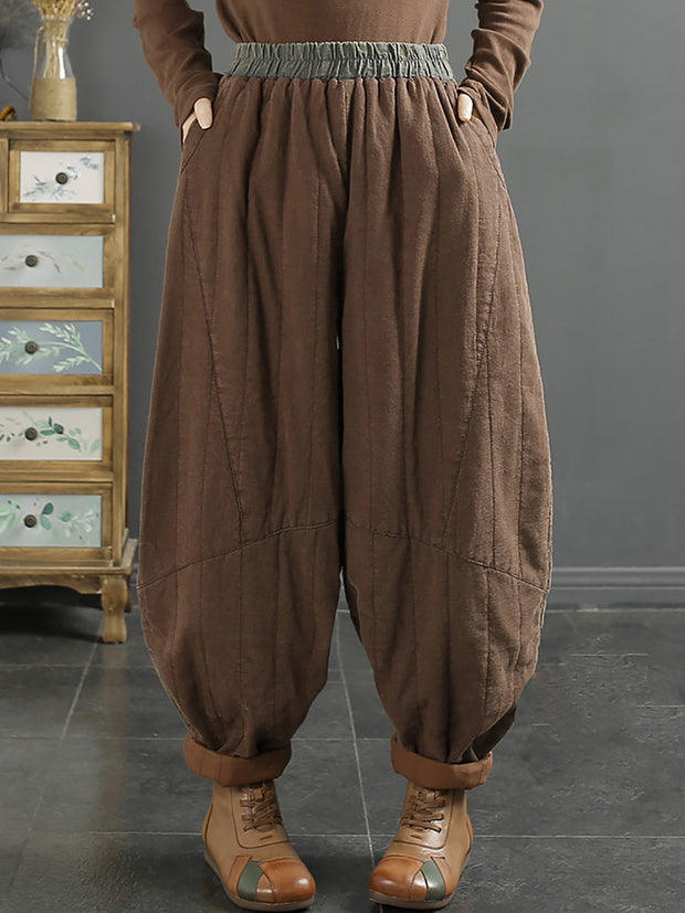 Women Retro Solid Thicken Padded Harem Pants