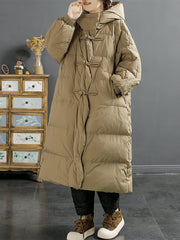 Women Vintage Solid Buckle Long Hooded Down Coat