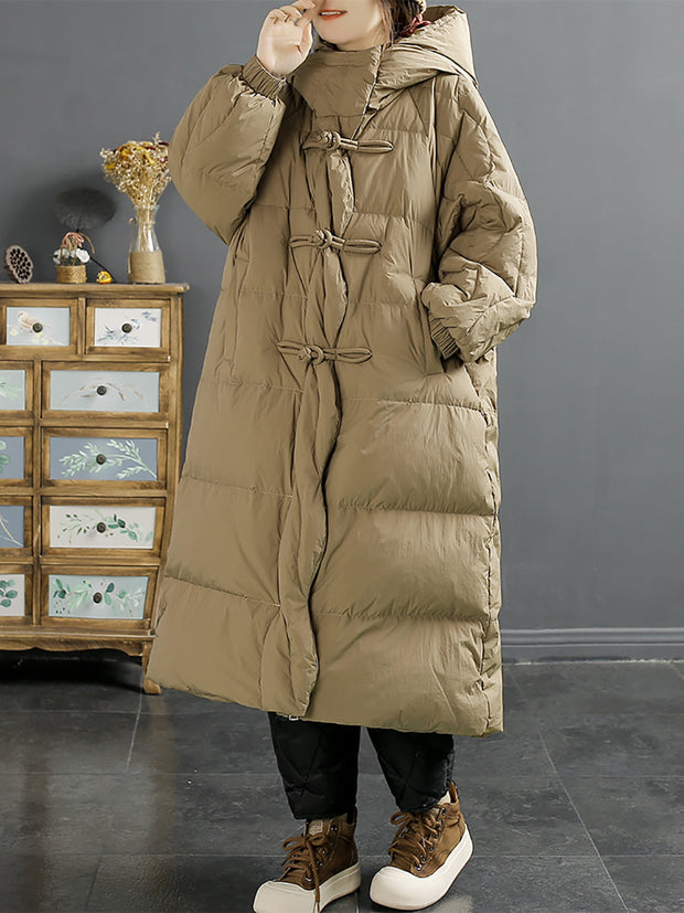Women Vintage Solid Buckle Long Hooded Down Coat