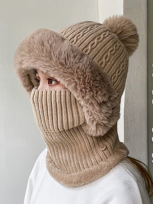 Women Winter Plush Spliced Knitted Scarf Hat