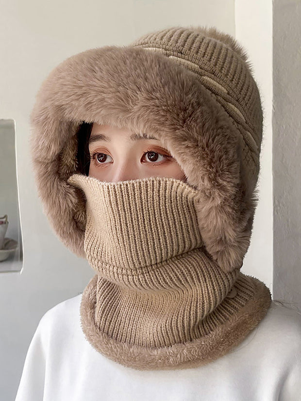 Women Fashion Solid Warm Plush Scarf Hat