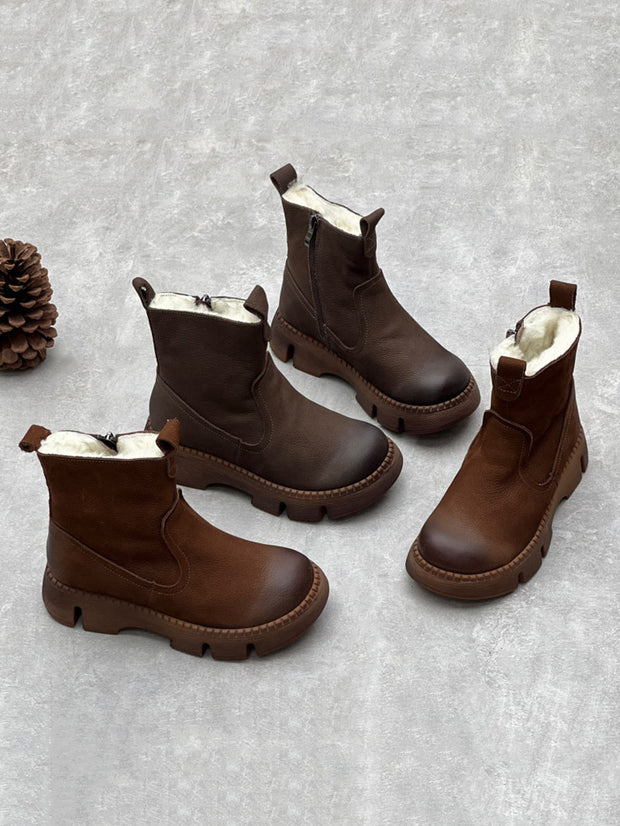 Women Winter Solid Leather Fleece-lined Ankle Boots