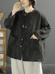 Women Spring Ethnic Stripe Loose Linen Shirt