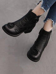Women Retro Flower Leather Solid Mid-Heel Boots