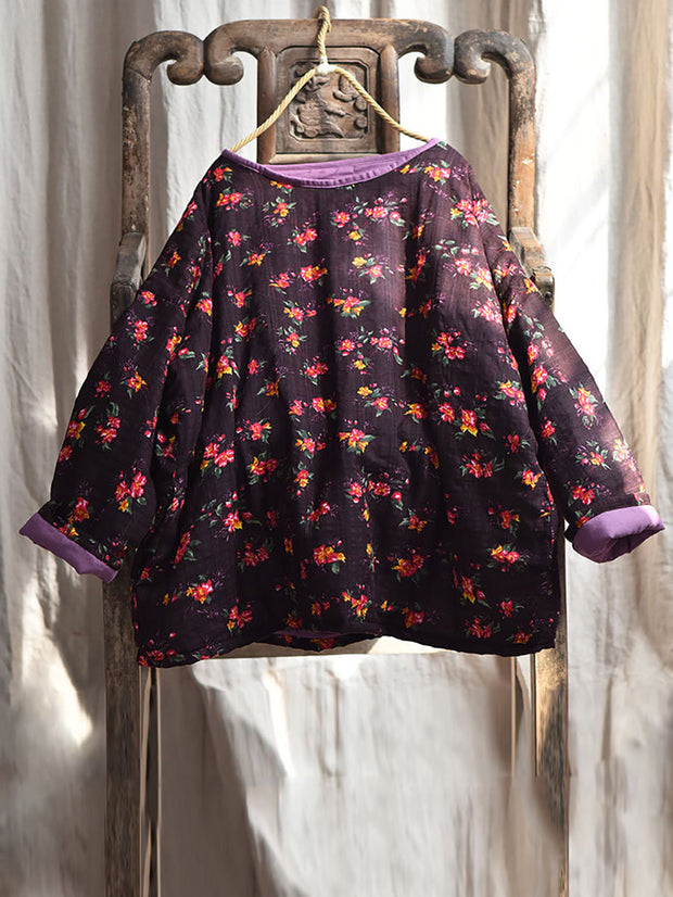 Women Winter Ethnic Floral Plaid Padded Coat